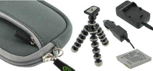 4n1 - Neoprene (Grey) Sleeve Case / NP-BG1 NP-FG1 AC DC Charger / Battery / Tripod for Sony Cybershot DSCW170/B Digital Camera Black