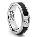 8MM Tungsten Carbide Diamond CZ Mens Wedding Band Ring w/ Black Carbon Fiber Inlay (Available Sizes 7-14 Including Half Sizes)