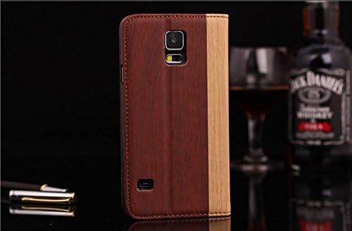Galaxy S5 Leather Case, Rich Cherry Brown Wood Grain Hard Case Cover Credit Card Slot Flip Book Stand Design Case For Samsung Galaxy S5 with Retail Box