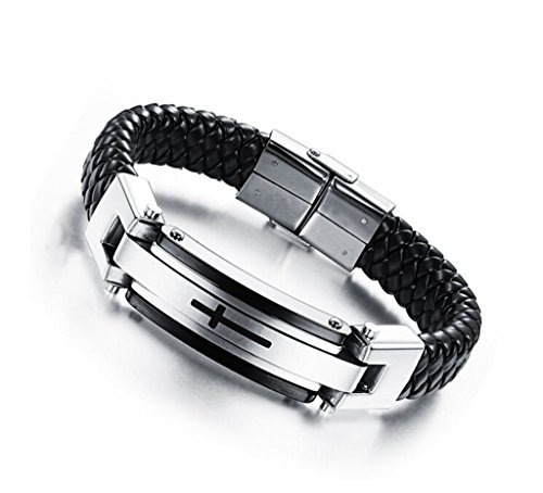 Mens Jewelry Fashion Solid Stainless Steel Cross Braide Leather Bracelets Cuff Bangle Wrist Band Blacelet