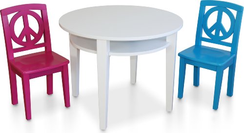 Ukid Peace Wood Table and Carved Chair Set, White and Brights