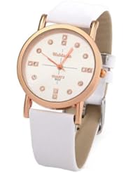 Stylish White Leather Band Ladies Wrist Watch w Shining Crystal Round Silver Face Analogue Quartz SW76-9522