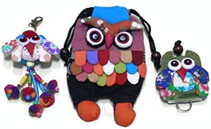 Set of Thai Embroidery Owl Cotton Hippie Hobo Boho Keychain ,Bag Purse Hanging and Crossbody Shoulder Coin Purse Bag