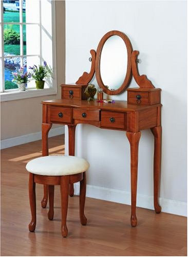 OAK FINISH WOOD VANITY SET - TABLE WITH MIRROR AND BENCH