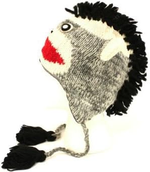Punk Sock Monkey Mohawk Face Knit Animal Adult Hat with Ear Flaps and Pom