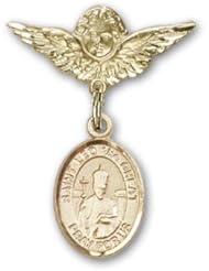14K Gold Baby Badge with St. Leo the Great Charm and Angel with Wings Badge Pin