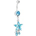 Piercing pour le Nombril - CZ Fleur bleu avec trois bijoux bleus balancent