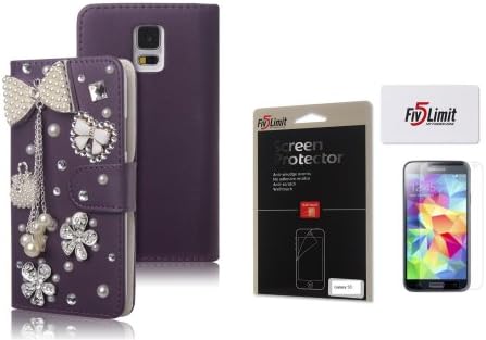 FiveLimit inc(TM) Rhinestone Samsung Galaxy S5 i9600 Bling Case 3D Pearl Bow Daisy Premium PU Leather Flip Wallet Case With Card Holder Design for Girls (Fits:Samsung Galaxy S5 i9600), Package includes: 1 X FiveLimit(TM)Screen Protector, Extra Rhinestone (Purple)