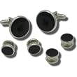 Giorgio Bissoni Round Jet Black Stone with Silver Trim Cufflink and Stud set