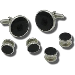 Giorgio Bissoni Round Jet Black Stone with Silver Trim Cufflink and Stud set