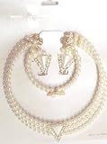 N25, Three Strand Simulated Small Ivory Pearl Choker Necklace Bracelet Gold Plated Crystals and Pearl Pendant