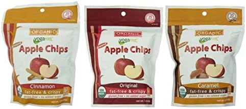 Yogavive Organic Popped Apple Chips 3 Flavor Variety Bundle: (1) Yogavive Organic Cinnamon Apple Chips, (1) Yogavive Organic Original Apple Chips, and (1) Yogavive Organic Caramel Apple Chips, 1.41 Oz. Ea. (3 Bags Total)