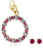 Yellow Gold Overlay Sterling Silver Open Circle Ruby Pendant w/ Stud Earrings