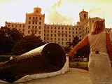 Cannons Facing the Harbour with Hotel Nacional Behind, Havana, City of Havana, Cuba Stretched Canvas Poster Print