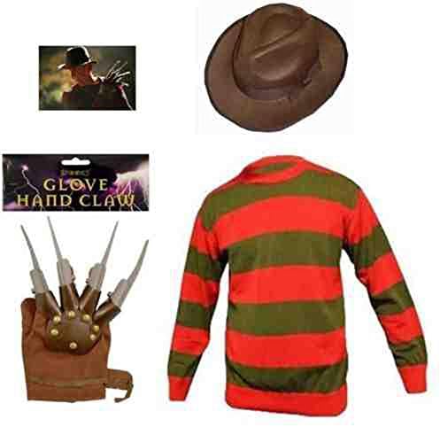 Halloween Costume Men's Freddy Krueger Costume Standard Jumper Hat And Claw Glove (X-Large, Full Set (Hat, Glove & Jumper))