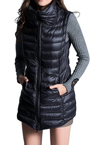 （ホンタ)HONTA　レデイーズ秋冬新着、暖かくて柔らかい素材のダウンベスト、スタントカラー 無地　膝丈 ノースリーブ　収納可 暖かいジャケット、フェザーの軽いと薄いダウンベスト