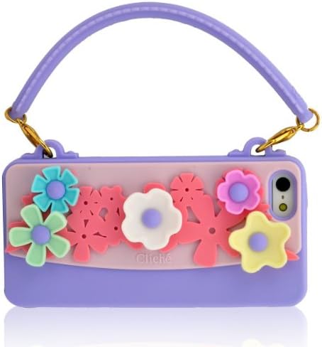 FJX Stylish 3D Romantic Flowers Pattern Handbag Style Soft Silicone Case Cover for Apple iphone 5/5G/5th (Light Purple)