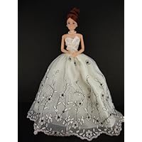 White Ball Gown with Black and White Flowers and Sequins Made to Fit the Barbie Doll