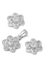 Sterling Silver CZ Six Petal Flower Earring & Necklace Set