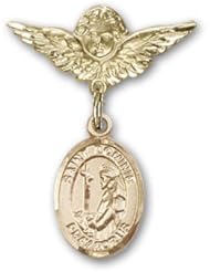 Gold Filled Baby Badge with St. Dominic De Guzman Charm and Angel W/wings Badge Pin. Catholic Saint Dominic De Guzman Patron Saint of Astronomers, Astronomy, Falsely Accused, Scientists