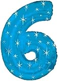 Custom, Fun & Cool {XXL Massive Huge Size 43" Inches - 3.8 Feet} 1 Unit of Helium & Air Inflatable Mylar Aluminum Foil Balloon w/ Numerical Number 6 SIx w/ Stars Design [in Bright Blue & White]
