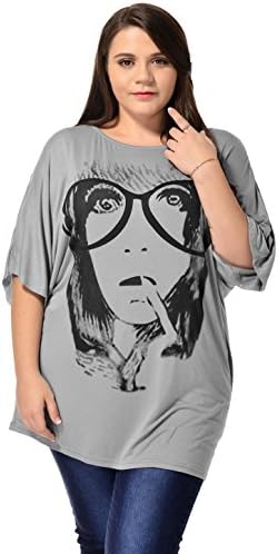 Kaia Ladies Plus Size Batwing Short Sleeves Portrait Prints Casual Tee Shirt, 2XL