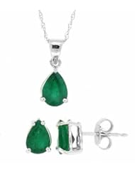 1.75CTTW Genuine Pear Shaped Genuine EmeraldPendant Earring Set in 14Kt White Gold w/chain(AB Quality)