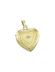 Solid 14K Yellow Gold Heart Locket W/Diamond 1/2 inch x 1/2 inch in Solid 14K Yellow Gold
