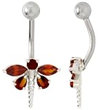 Dragonfly Belly Button Ring with Red Cubic Zirconia on Sterling Silver Setting