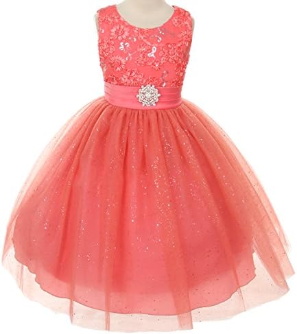 Floral Embroidered Sparkly Sequin Flower Girl Dress Pageant Bridesmaid Wedding Coral 2-14