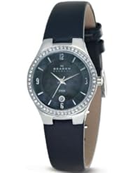 Skagen Womens 630SMLM SKAGEN Denmark Mother-Of-Pearl Dial Crystal Accented Leather Band Wo Watch