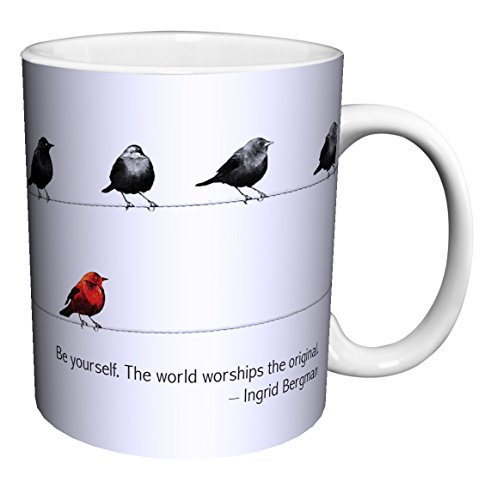 Birds Be Yourself (Red Bird) Inspirational Motivational Happiness Ingrid Bergman Quote Porcelain Gift Coffee (Tea, Cocoa) 11 Oz. Mug