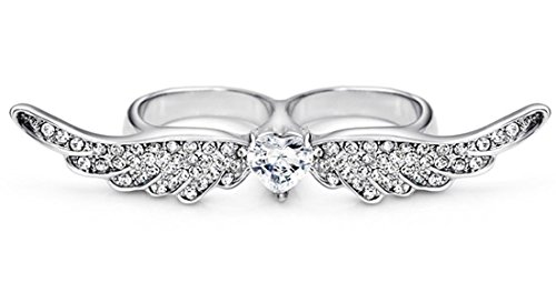 Neoglory Platinum Plated Clear CZ Rhinestone Wings Two Double Finger Ring #8