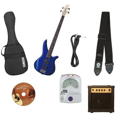 Yamaha GigMaker Electric Bass Package with Amp, Gig Bag, Tuner, Cable, Instructional DVD, and Strap – Blue