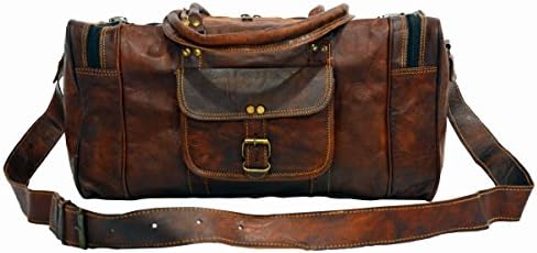 Vintage Bags Genuine Leather Travel Duffel Luggage Bag in Square Shape 16"