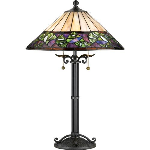 Quoizel TF709TBK Vintage Ginkgo 25 Inch Tiffany 2 Light Table Lamp with 240 Pieces of Tiffany Glass, Black Copper 41v607XWxtL Quoizel TF709TBK Vintage Ginkgo 25 Inch Tiffany 2 Light Table Lamp with 240 Pieces of Tiffany Glass, Black Copper