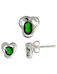 Sterling Silver Matte-finish Fancy Stud Earrings (7mm tall) & Pendant Slide (9mm tall) Set, w/ Oval Cut Emerald-colored CZ Stones