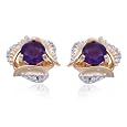 18k Yellow Gold Overlay Sterling Silver Amethyst and Diamond Accent Round Post Earrings