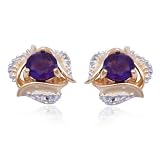 18k Yellow Gold Overlay Sterling Silver Amethyst and Diamond Accent Round Post Earrings