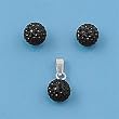 Sterling Silver Pendant and Earrings Set - Sphere Design in Black Crystals - 9mm Diameter