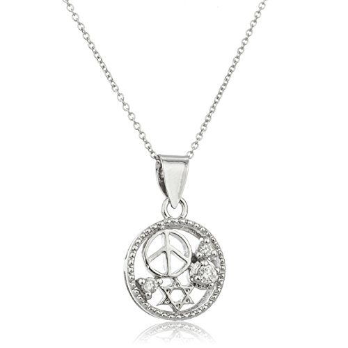 925 Sterling Silver 'Peace in the Middle East' Round Pendant with Cz Stones and an 18 Inch Link Necklace