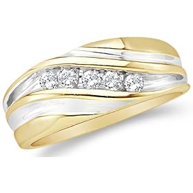 Size - 4 - 10k Yellow and White Two 2 Tone Gold Five 5 Stone Channel Set Round Cut Mens Diamond Wedding Ring Band (1/4 cttw, H Color, I1 Clarity)
