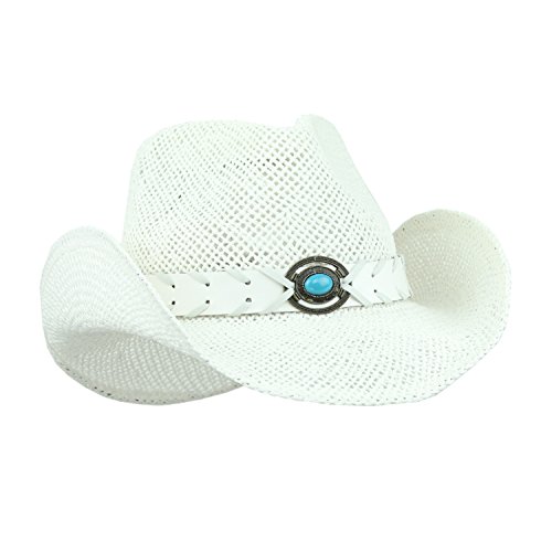 White Shapeable Straw Western Cowboy Hat, Vegan Leather Trim W/ Bead Design