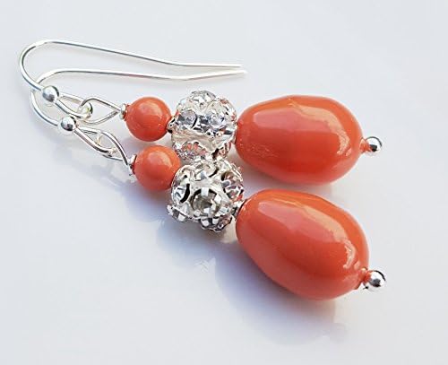 Handmade Swarovski Pearl and Rhinestone Silver Earrings (Coral)