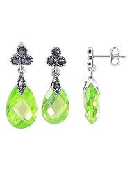 .925 Sterling Silver Faceted Pear Shaped Apple Green Cubic Zirconia and Marcasite Accents Post Back Findings 8mm x 21mm Stud Earrings and 10mm x 23mm Pendant Jewelry Set