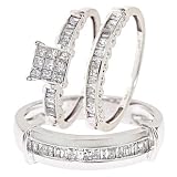 1 Carat T.W. Princess, Baguette Cut Diamond Three Ring Matching Wedding Ring Set 10K White Gold - Size 7