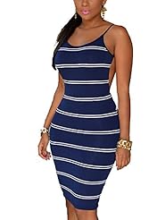 Sleeveless Spaghetti Strap Backless Open-Back Polyester/Spandex Knee Length Striped Print Bodycon Dress 