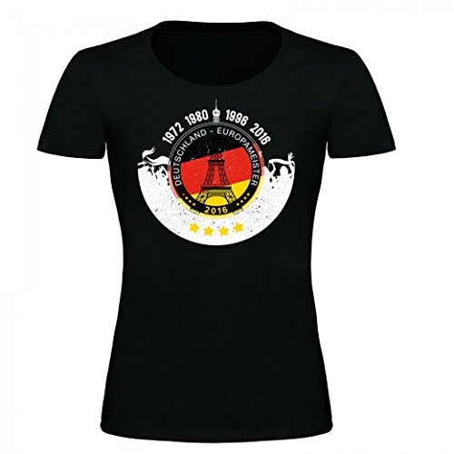 Deutschland Fussball Fanshirt T-Shirt zur EM 2016 für Männer und Frauen, Farbe:Frauen schwarz;Größe:M