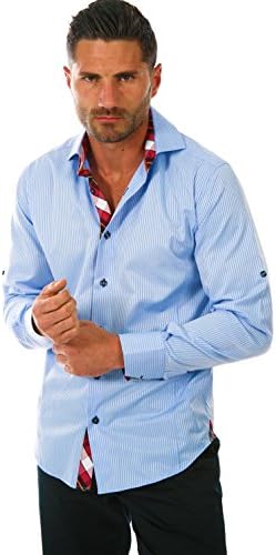BESPOKE Men's Long Sleeve Button-Down Blue Solid Striped Shirt with Plaid Cuffs 2XL