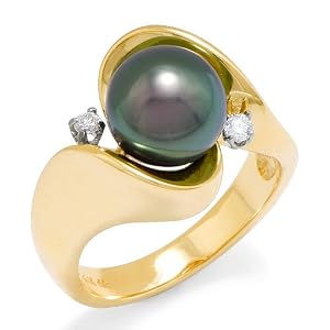 Tahitian Black Pearl Ring with Diamonds in 14K Yellow Gold by